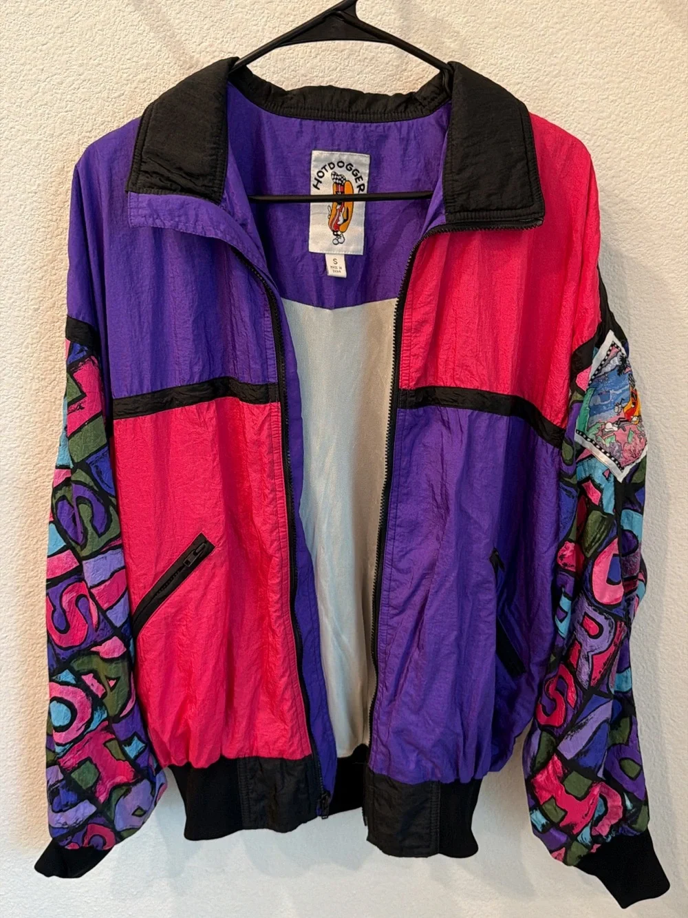Vintage 90s Colorblock Hotdogger Bomber Jacket in Purple & Pink